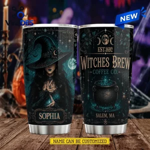 Front view of two metal tumblers featuring a witch illustration, Witches Brew text, and a custom name.