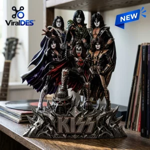 KISS Band Acrylic Plaque featuring highly detailed hand-painted miniature figurines of the four members on a spiked base.