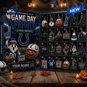 Open front view of Indianapolis Colts Halloween advent calendar displaying twenty-four numbered spooky ornaments.