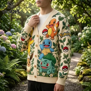 Pokemon Character Garden Pattern Cardigan featuring Charmander, Squirtle, and Bulbasaur on a cream knit button-down sweater.