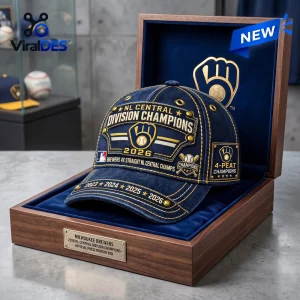 Front view of a Milwaukee Brewers 2026 Division Champions cap inside a wooden display box.