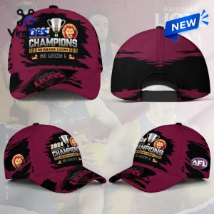 Multi-angle view of a Brisbane Lions 2024 AFL Premiers maroon snapback cap with championship graphics.