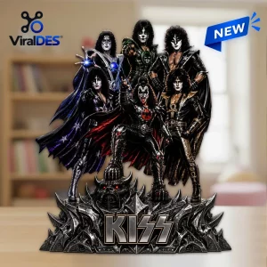 KISS Band Acrylic Plaque featuring all four members in classic makeup, set on a dark, gothic, spiked rocky base.