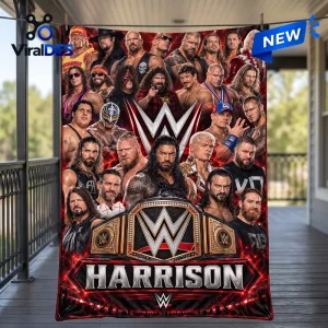 Front view of a WWE Superstars collage fleece blanket featuring multiple wrestlers and a championship belt graphic.