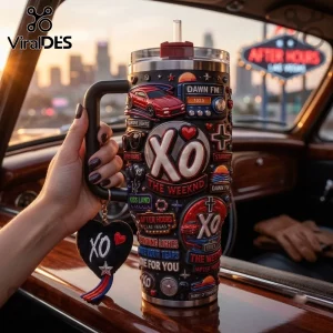 The Weeknd After Hours 40oz Stanley Tumbler featuring red and black XO graphics, album art decals, and a heart keychain.