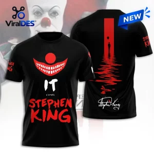 Front and back view of a black t-shirt with Stephen King IT clown smile graphics and red text.