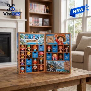 Front view of an open One Piece Luffy Advent Calendar 2026 on a wooden table containing multiple character figurines.