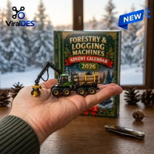 Close-up of a person holding a miniature logging machine toy in front of the Forestry and Logging Machines 2026 Advent Calendar.