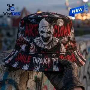 Front view of an Art The Clown Smile Through The Terror Horror Bucket Hat featuring a clown graphic.