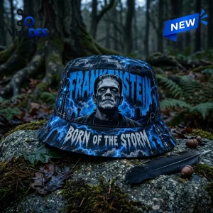 Front view of the Frankenstein Born of the Storm Blue Bucket Hat resting on a mossy rock in a forest.