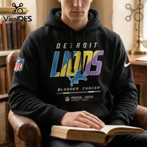 Detroit Lions Crucial Catch Bladder Cancer Black Hoodie featuring team branding, multi-color lettering, and NFL logo detail.