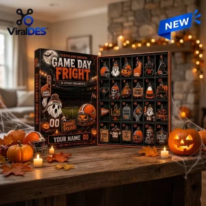 Front view of Cleveland Browns Game Day Fright Halloween Advent Calendar open on a wooden table with pumpkins.