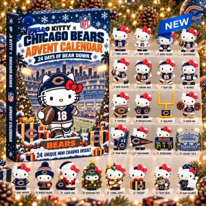Front view of a Hello Kitty x Chicago Bears Advent Calendar featuring 24 numbered mini collectible figurines.