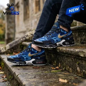 Harry Potter 25th Anniversary Blue Magic Air Max Shoes featuring lightning bolt patterns, gold swooshes, and black soles.