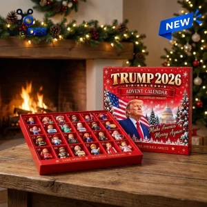 Front view of Trump 2026 Advent Calendar box open with numbered slots and miniature figures.