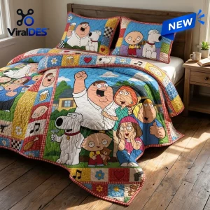 Family Guy Characters Quilted Bedding Set featuring Peter, Lois, Stewie, and Brian in a patchwork quilt design.