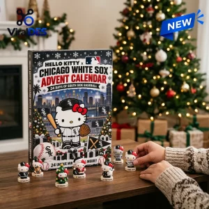 Front view of Hello Kitty x Chicago White Sox Advent Calendar with miniature figures displayed on a wooden table.