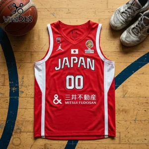 Japan Women's National Basketball Team 2026 Red Replica Jersey with white trim, 00 numbering, and Mitsui Fudosan branding.