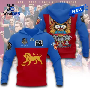 Front and back view of Brisbane Lions 2026 AFL Premiers Hoodie with red and blue design.