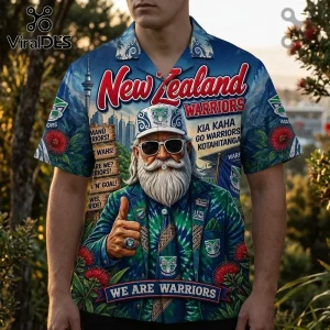 New Zealand Warriors Kia Kaha Hawaiian shirt featuring a bearded man wearing a team cap and sunglasses on a blue background.