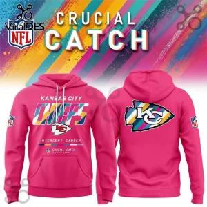 Kansas City Chiefs Crucial Catch pink hoodie with front and back view, featuring NFL logos and Intercept Cancer branding.