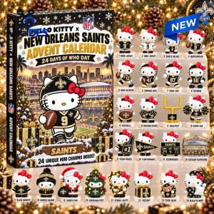 Front view of a New Orleans Saints advent calendar featuring Hello Kitty characters and twenty-four mini sports figurines.