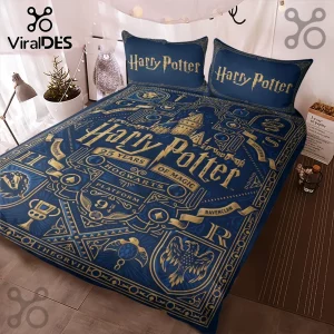 Harry Potter 25th Anniversary Duvet Bedding Set in navy blue with gold foil-style Hogwarts iconography and logos.