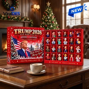 Front view of Trump 2026 Advent Calendar box and open grid of 24 miniature figures.