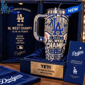 Front view of Los Angeles Dodgers 2026 NL West Champions 40oz tumbler displayed in a blue presentation box.