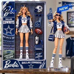 Barbie Dallas Cowboys Cheerleader Acrylic Plaque set features a blonde doll, football accessories, and team branding.