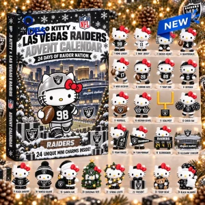 Front view of Hello Kitty x Las Vegas Raiders advent calendar with twenty-four numbered collectible character figures.