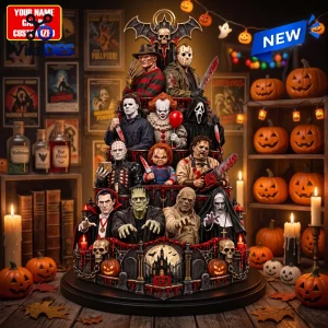 Horror Movie Halloween Acrylic Ornament 2026 featuring stacked miniature figures of iconic slasher film villains.