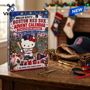 Front view of Hello Kitty x Boston Red Sox advent calendar box resting on a wooden table with a baseball glove and hat.