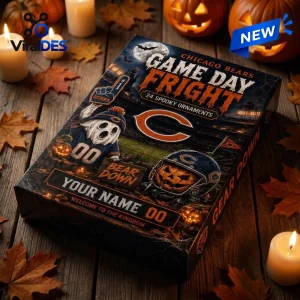 Angled view of the Chicago Bears Game Day Fright Halloween Advent Calendar box on a wooden table with lit candles and autumn leaves.