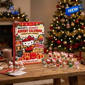 Front view of Hello Kitty x McDonald's Advent Calendar with small character figurines on a wooden table.
