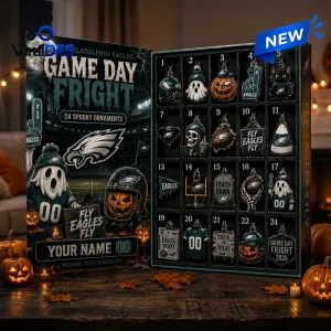 Open Philadelphia Eagles Halloween 2026 Advent Calendar displaying twenty-four sports-themed holiday ornaments.