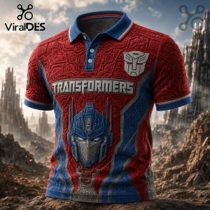 Optimus Prime Cyber Robot Red and Blue Polo Shirt with Transformers logo and metallic circuit pattern texture.