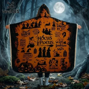 Hocus Pocus Sanderson Sisters hooded blanket in orange and black with movie silhouettes, quotes, and spooky motifs.