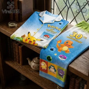 Pokemon 30th Anniversary Pikachu Pajama Sleepwear Set featuring Pikachu, Charmander, and various iconic game energy symbols.