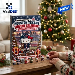 Front view of Hello Kitty x Houston Texans Advent Calendar on a wooden table with small character figurines.