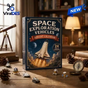Front view of Space Exploration Vehicles Advent Calendar 2026 box with space shuttle illustration on a wooden desk.