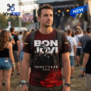 Bon Jovi Forever Tour 2026 Red Smoke T-Shirt featuring band portrait and bold white text on a black and red smoky background.