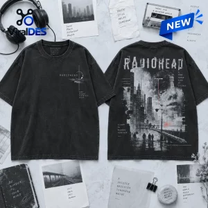 Radiohead Urban Silence Distressed Shirt featuring front logo detail and large monochromatic back graphic on black cotton.