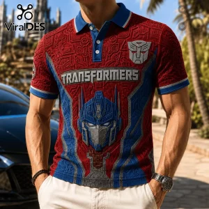 Optimus Prime Cyber Robot Red and Blue Polo Shirt featuring a 3D transformer head, embossed detailing, and collar.