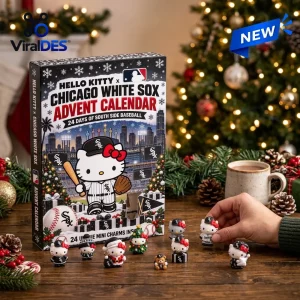 Front view of Hello Kitty x Chicago White Sox Advent Calendar box with miniature figures displayed on a wooden table.