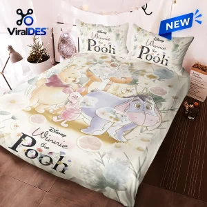 Front view of a Winnie the Pooh bedding set featuring floral patterns and illustrated characters on a duvet and pillows.