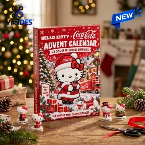 Front view of a red advent calendar featuring a Santa-clad character holding a glass bottle in a winter landscape.