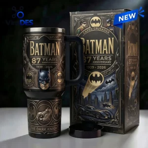 Front view of Batman 87th Anniversary 1939-2026 Stanley Tumbler with embossed design and packaging box.