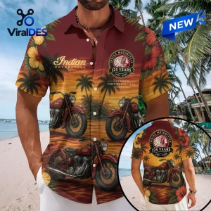 Indian Motorcycle 125th Anniversary button-down shirt featuring red vintage bikes, palm trees, and sunset tropical graphics.