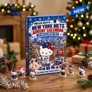 Front view of Hello Kitty x New York Mets Advent Calendar 2026 with mini figurines on a wooden table.